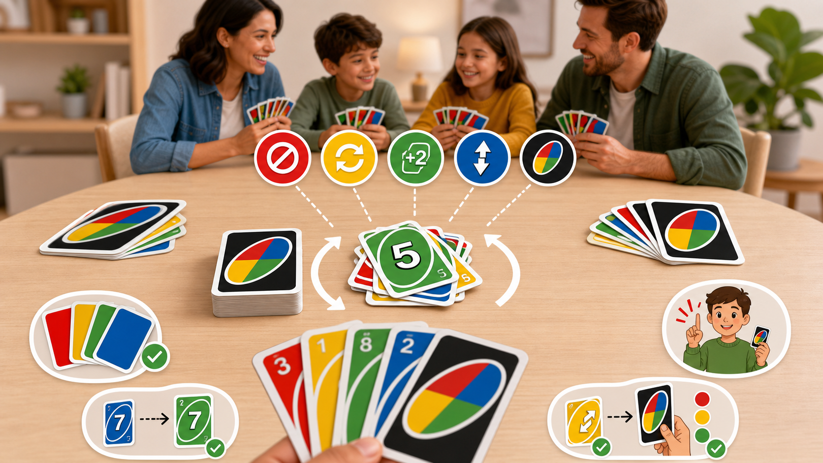 Illustrated tabletop card game scene showing classic UNO-style matching and action card rules
