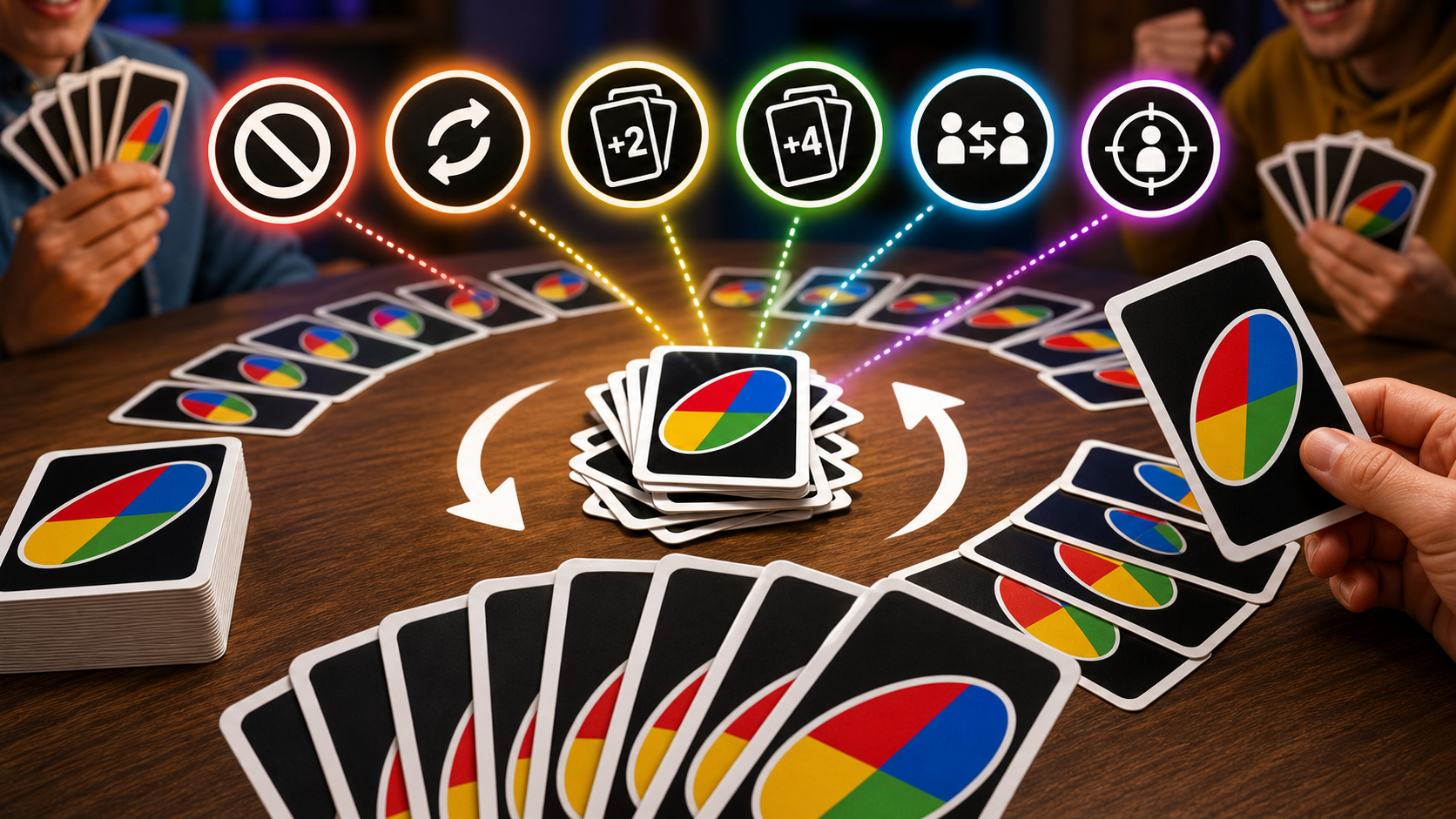 Illustrated tabletop card game scene showing all-wild UNO-style action cards and effects